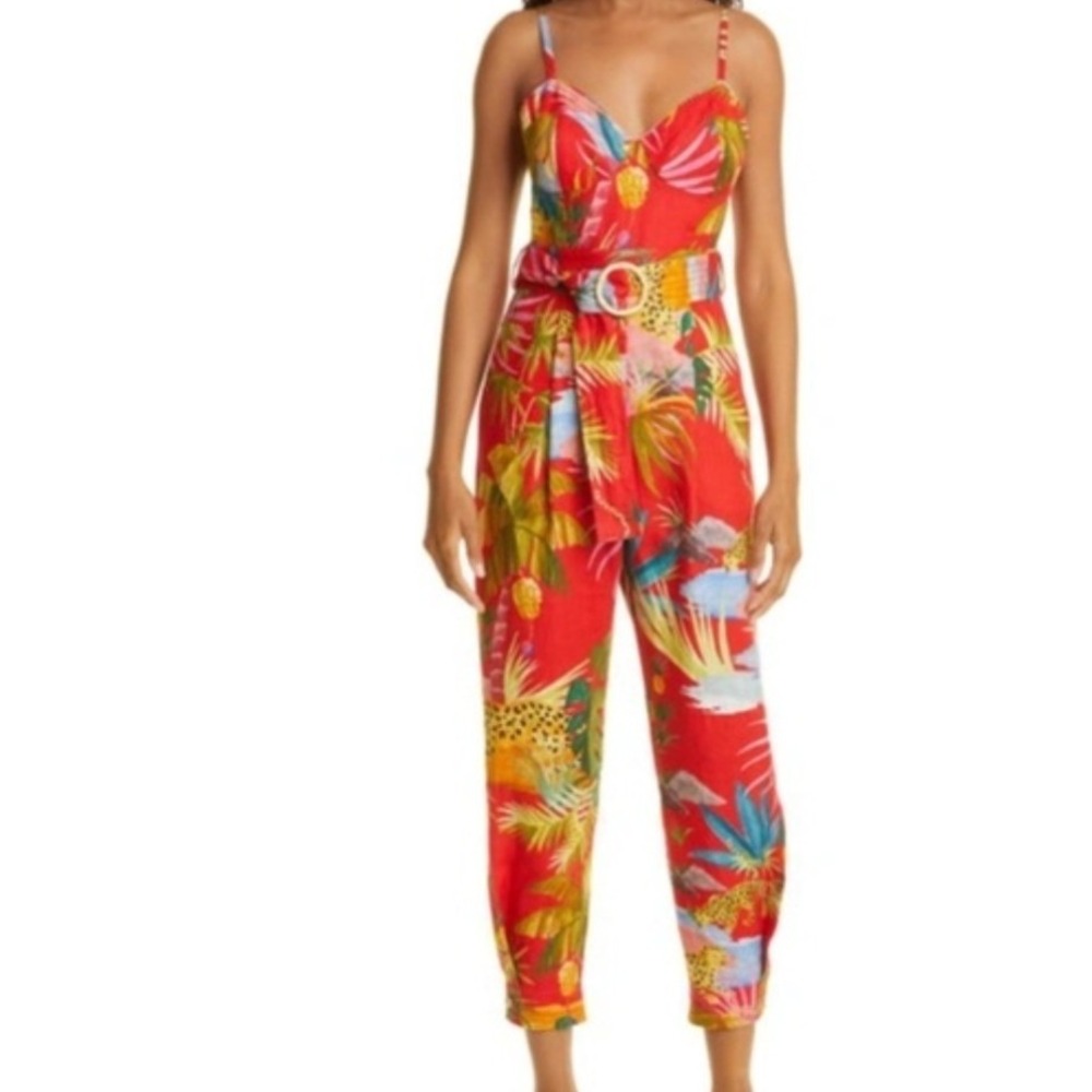 Farm Rio Tropical Jungle Red Linen Belted Jumpsuit Leopard Pineapple‎ S NEW
